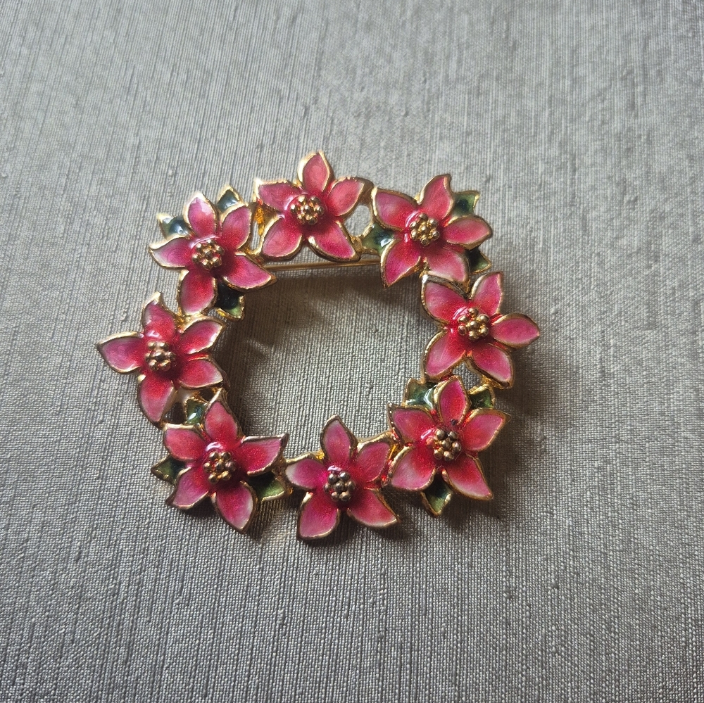 TC Pink Floral Wreath Brooch with Gold Accents